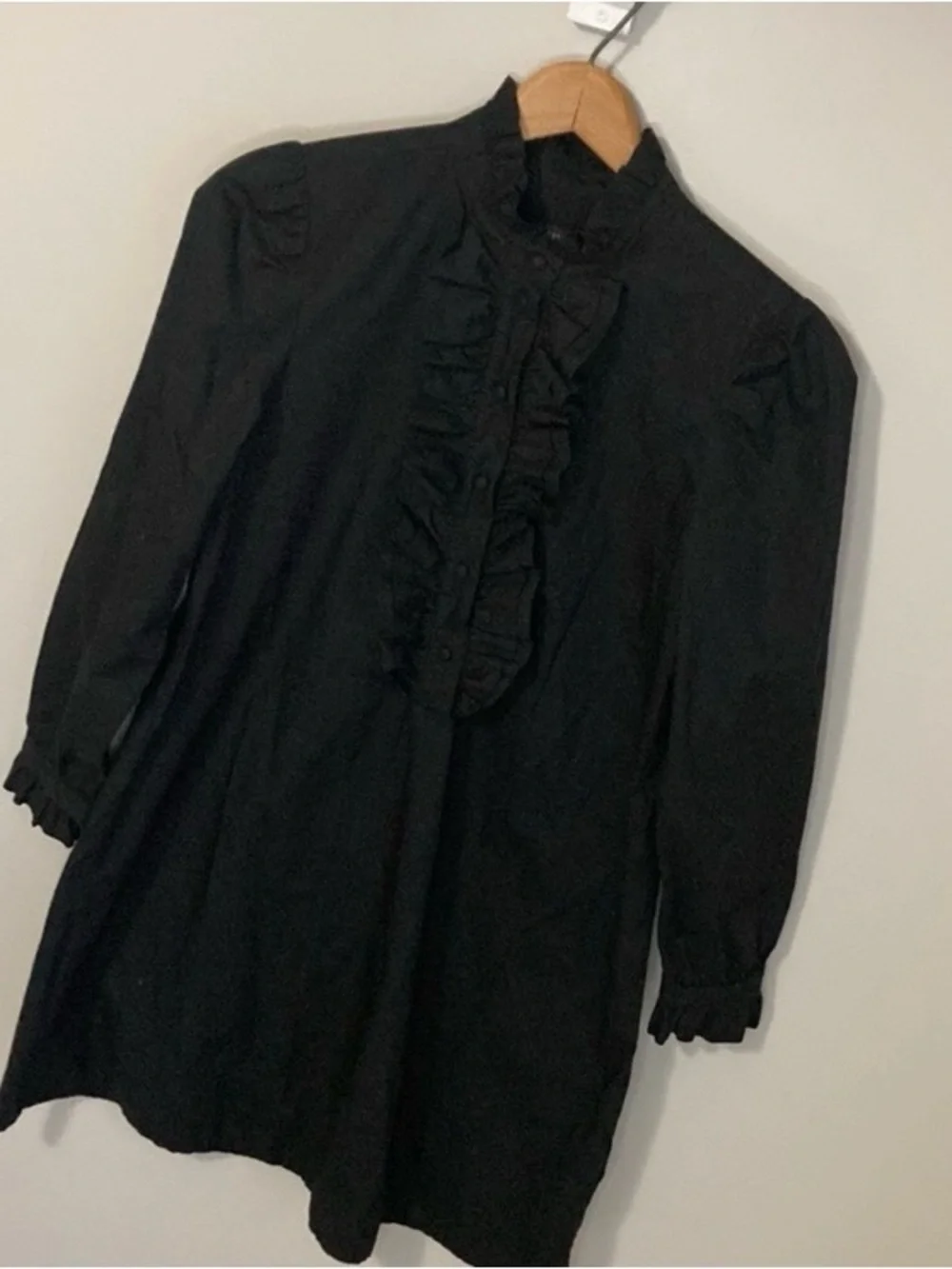 J. Crew Black Ruffle-Front Mini Dress with Long Sleeves Cotton, Women’s Size XXS